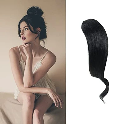 Afbeelding van 2 stuks golvende zijbang 100% echt haar clip in pony curly haarextensies (Pikzwart)