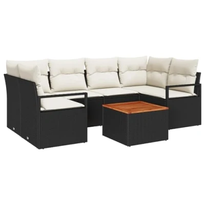 Afbeelding van vidaXL 7 delige Tuin Sofaset met Kussens Zwart Poly Rattan Acacia, 2 zits Sofa