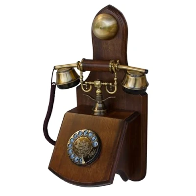 Afbeelding van OPIS 1921 CABLE MODEL D Wand bevestigde retro telefoon/retro telefoon met houten en metalen behuizing, functionele draaischijf klassieke bel