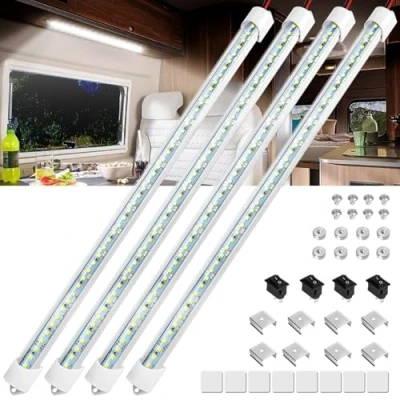 Afbeelding van Linkstyle Interieur LED Lichtbalk, 4 Stuks 12V 48 LEDs 6500K Lichtstrip met Doe Het Zelf Schakelaar, voor Auto Vrachtwagen Camper Van RV, Wit