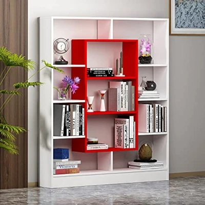 Afbeelding van Homidea Venus boekenkast, staand rek, kantoorrek, kamerverdeler voor woonkamer/kantoor, in modern design, wit/rood