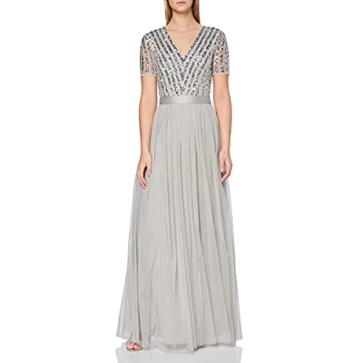 Afbeelding van Maya Deluxe Maxi jurk, bruidsmeisjesjurk, gestreept, korte mouwen, nevel, groen, damesjurk, lichtgrijs., 38 NL