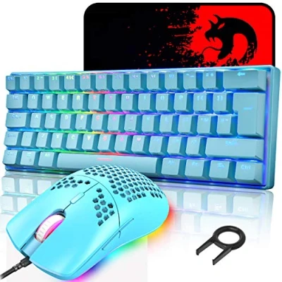 Afbeelding van LexonElec MK21 UK Layout 60% Mechanische Toetsenbord Muisset, 62 Toetsen Bedraad Gamingtoetsenbord met RGB Backlit + 6400DPI Ultralichte Honingraatmuis Muismat voor PS4/PC Blauwe/Blauwe Schakelaar
