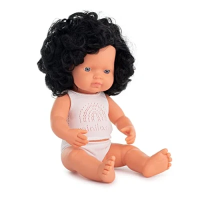Afbeelding van Blank babymeisje donker krullend haar (38 cm)
