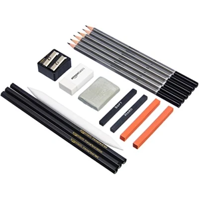 Afbeelding van Amazon Basics Schets en tekenpotlodenset, 17 delig, houtskool, zwart, wit, oranje