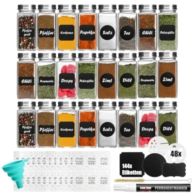 Afbeelding van COM FOUR® 24x kruidenpotjes met accessoires glazen kruidencontrole 120 ml, sproeiopzetstukken, borstel, trechter, etiketten, pen (0024 stuks accessoires)