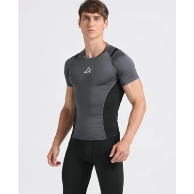 Afbeelding van AMZSPORT Heren Sport Compressie Shirt Korte Mouw Koel Droog, Grijs Zwart L