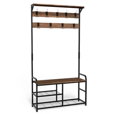 Afbeelding van vounot Kapstok voor entree, 4 in 1, met bank en schoenenrek, 3 niveaus, 9 afneembare haken, ingangsmeubels, 185 x 85 33 cm, frame van robuust staal, kantelbeveiliging
