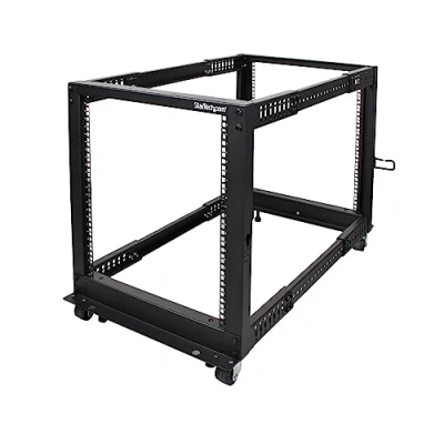 Afbeelding van StarTech.com 12U open frame serverrack met 4 stijlen verstelbare diepte incl. zwenkwielen/stelpoten en kabelhaken