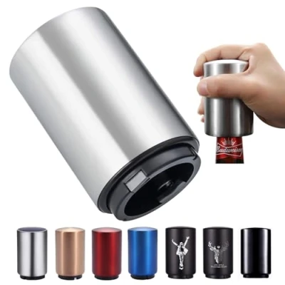Afbeelding van SUOXU Magnetische automatische flesopener, Biercadeau voor mannen Vaderdag, Roestvrij staal, Neerdrukkende Opener Wijn Bier Fles Keuken Accessoires, Bieropener (zilver)
