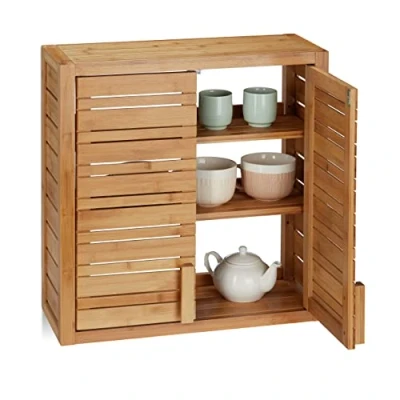 Afbeelding van Relaxdays hangkast bamboe kleine wandkast muurkast badkamer hangende kast keuken