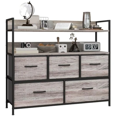 Afbeelding van HOMCOM Kommode mit 5 Schubladen aus Stoff, Aufbewahrungsschrank, Kommodenschrank 2 Regalen, Stahlgestell, Modern Design für Wohnzimmer, Schlafzimmer Grau