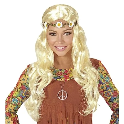 Afbeelding van Widmann Hippie Kostuum Curly Carla Pruik, / Middeleeuwen Blond Met Bloemen Hoofdband Carnavalskleding Verkleedkleding
