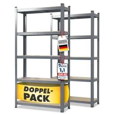 Afbeelding van Floordirekt Rek voor zware lasten, set van 2, grijs, 200 x 100 50 cm, steekrek, kelderrek, magazijnrek, werkbank 5 verstelbare planken (Lakota)