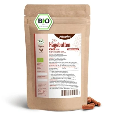 Afbeelding van Rozenbottel capsules bio navulverpakking 400 stuks fijn rozenbottelpoeder in capsule vorm meer dan 66 dagelijkse doseringen veganistische omhulsel vom Achterhof