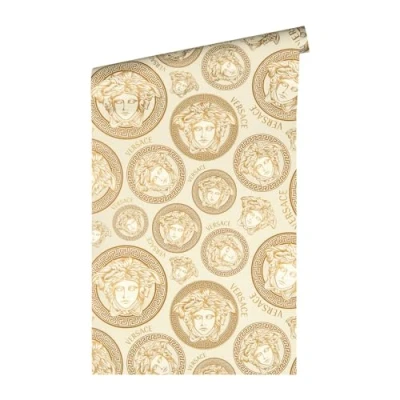Afbeelding van &quot;MEDUSA HOOFD&quot; SATIJN GLANZEND BEHANG Design goud wit A.S. Création Versace 5