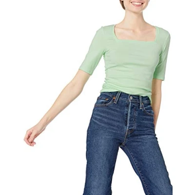 Afbeelding van Amazon Essentials Women&#039;s T shirt met halve mouwen, vierkante hals en slanke pasvorm, Groen, S