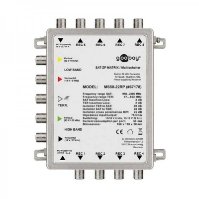 Afbeelding van Passieve SAT multischakelaar met vijf ingangen en acht uitgangen, zonder extra 230 V voeding, 4K Ultra HD
