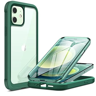 Afbeelding van Miracase 360 graden hoesje compatibel met iPhone 12/12 Pro (6,1 inch), volledige beschermhoes ingebouwde glazen schermbeschermer, groente