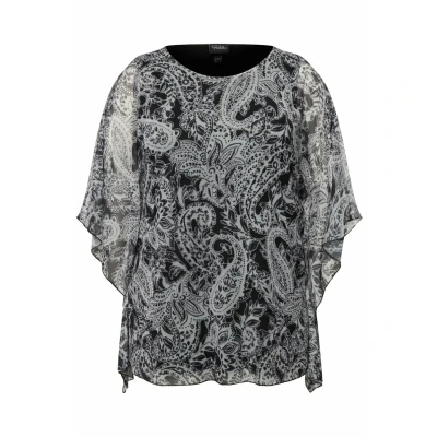Afbeelding van Ulla Popken, Dames, grote maten, blouse, mesh sprei, V hals, zwart, 50/52 NL