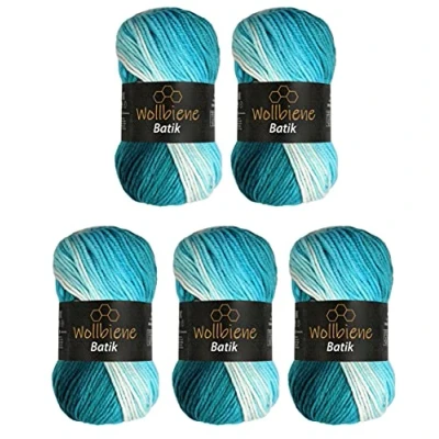 Afbeelding van 5 x 100 g wolbijen Batik 500 gram wol met kleurverloop meerkleurige breiwol haakwol (5200 petrol turquoise wit)