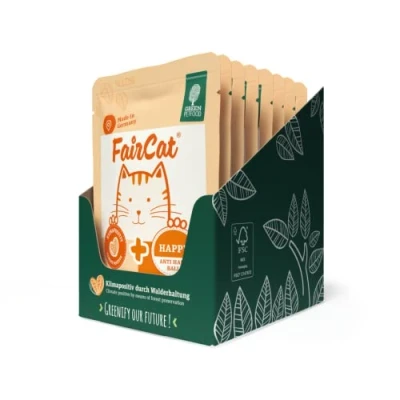 Afbeelding van Green Petfood FairCat Happy (8 x 85 g) graanvrij kattenvoer, nat kattenvoer met kip, anti haarballen, aangename geur, verpakking van 8 stuks