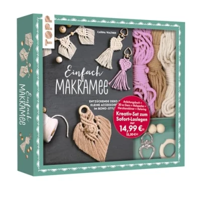 Afbeelding van Kreativ Set Einfach Makramee. Mit Anleitungsbuch und Material: Box (24 x 21,5 3,5 cm), Buch (32 S., DIN A5, Softcover), 30 m Garn in 3 Farben, Holzperlen, Holzring, Herzkarabinier