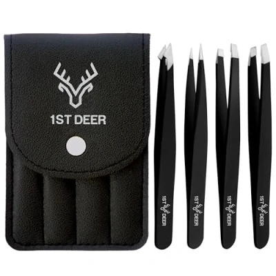 Afbeelding van 1st Deer Pincet, Professionele Roestvrij Staal Pincetten Set van 4 Met Handig Etui voor Wenkbrauwen, Ingegroeide Haarverwijdering, Wimperverlenging Geschikt Vrouwen en Mannen (zwart)