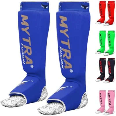 Afbeelding van Mytra Fusion Shin Instep Stretchable Polyester Stof Gewatteerde Jumbo Eva Foam Uitgelicht met Haak &amp; Loop Sluiting Kick Boksen MMA Krav Maga Training Paar (S/M, Blue)