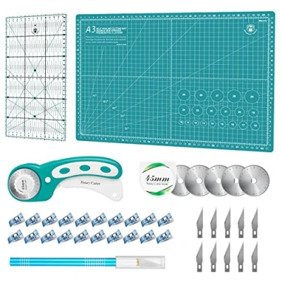 Afbeelding van roterende snijset quiltkit incl. 45 mm stofsnijder, 5 extra messen, A3 zelfherstellende snijmat, acrylliniaal en naaiclips, knutselmes, ideaal voor knutselen, naaien, patchworking