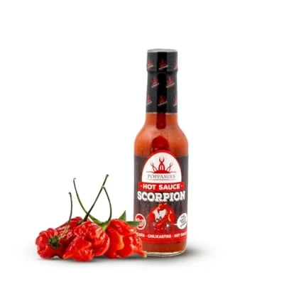 Afbeelding van Poppamies scorpion Hot Sauce van Trinidad chili Glutenvrij Lactosevrij Vegan Pittigheid: 10+/10 Extra heet 150ml
