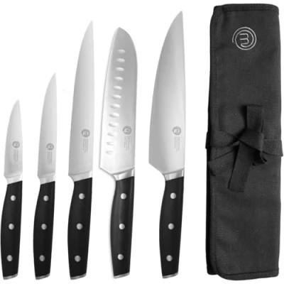 Afbeelding van MasterChef Keukenmessen met deksel, keukenmessenset van roestvrij staal, koksmes, Santoku, groenten en meer, multifunctioneel, 5 delig, zilver, hoog koolstofgehalte