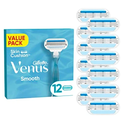 Afbeelding van Gillette Venus Smooth Scheermesjes Voor Vrouwen, 12 Met 3 Soepele Mesjes Omringd Door Beschermende Kussentjes, Dames, Past In Brievenbus