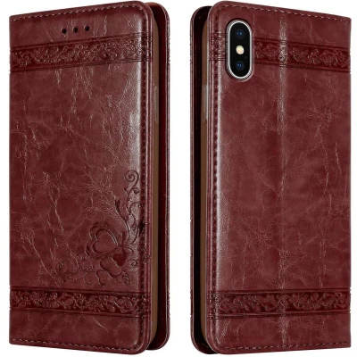 Afbeelding van Cadorabo Hoesje geschikt voor Apple iPhone XS MAX in Donker Rood met ornamenten Beschermhoes magnetische sluiting, standfunctie en kaartvakje Case Cover Etui