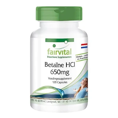 Afbeelding van Fairvital Bétaïne HCl 650mg bétaïnehydrochloride capsules HOOG GEDOSEERD VEGAN 120