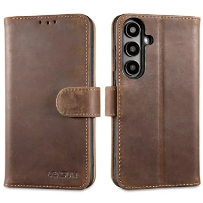 Afbeelding van Lensun Samsung Galaxy S24 5G hoes, echt lederen hoes met RFID diefstalbeveiliging, boek portefeuille, magneetsluiting, flipcase, leren voor S24, donkerbruin, retro