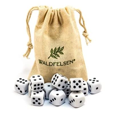 Afbeelding van Waldfelsen ® hoogwaardige dobbelstenen, standaardformaat, 16 mm, acryl speelkubus, dobbelsteen, 6 zijdig zeszijdig speelaccessoireset met stoffen zak (wit, 12 stuks)