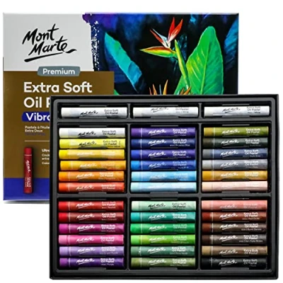 Afbeelding van MONT MARTE Extra zachte oliepastels, 39 stuks, diverse heldere kleuren, levendig en boterig, veelzijdige kunstpastelkleuren voor blenden, gelaagdheid schaduw, ideaal kunst, ambacht, kleuren