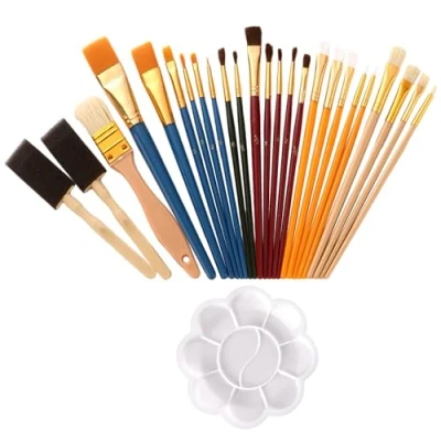 Afbeelding van 25 delige penseelset met 1 palet, krijtpenseel, aquarelpenseel, oliepenseel, kunstenaarskwast, acrylverf, penseelset, maten