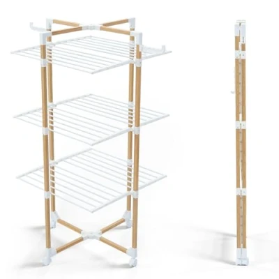 Afbeelding van VOUNOT Verticaal droogrek met 3 niveaus, modulair wasrek, ruimtebesparend, 4 wielen, voor binnen of buiten, wit