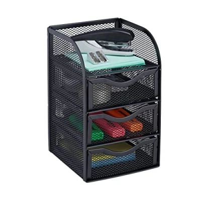 Afbeelding van Relaxdays bureau organizer metaal 3 lades opslagsysteem voor kantoorartikelen gaas zwart