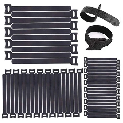 Afbeelding van Herbruikbare kabelbinders, klittenband kabelbinders 60 stuks strips haak en lus kabel banden, Releasable zwart lange riemen 3 maten koordbinder