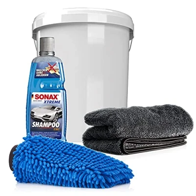 Afbeelding van detailmate SONAX 2 in 1 shampoo 1L + wasemmer met bijpassend deksel microvezel chenille washandje absorberende droogdoek, 50 x 80 cm, 1000 g/m²