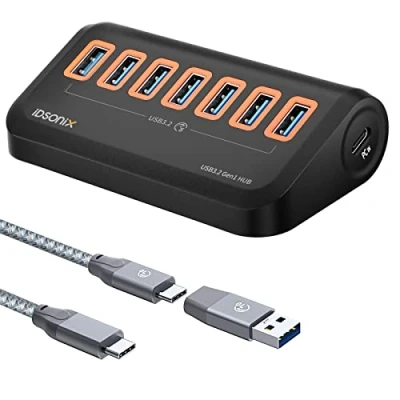 Afbeelding van USB hub 3.0 [5 Gbps stabiele overdracht], iDsonix 7 poorten 1ft Type A &amp; C 2 connectoren, splitter extra voor laptops, oppervlak, Xbox, iMac, MacBook, PS5/PS4, flashdrive,