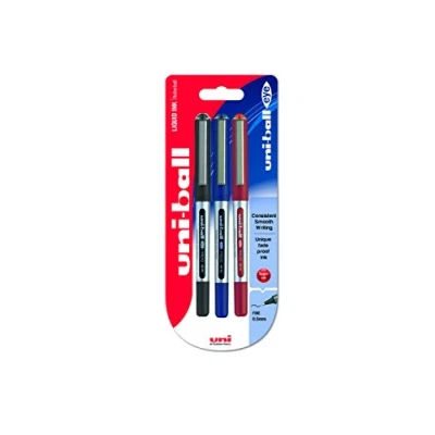 Afbeelding van Uni ball 153486289 UB 150 Eye Micro Rollerball pennen, zwart/blauw/rood Super inkt, 5mm penpunt, pakket van 3