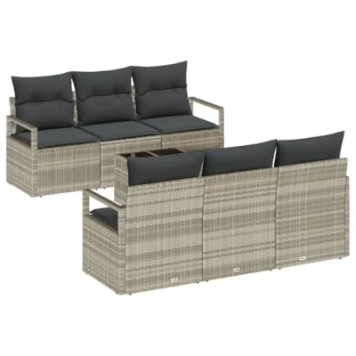 Afbeelding van vidaXL 7 Delige Tuin Sofa Set met Kussens Lichtgrijs Poly Rattan, 2 Zits Opbergruimte &amp; Grijs Rattan