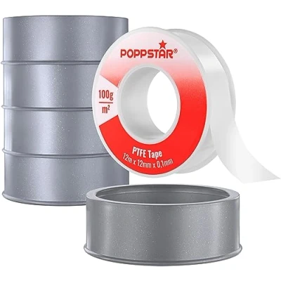 Afbeelding van Poppstar PTFE Afdichtingstape 100g/m² Teflon Tape Grote Schroefdraad (Gas, Water &amp; Waterdampafdichting) 12m x 12mm 0,1mm, 5 Rollen