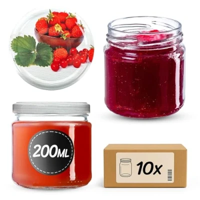Afbeelding van KADAX kleine inmaakpotten, 200 ml, jampotten, diameter 66 mm, potten voor honing en specerijen, luchtdichte potten, weckpotten, ronde (aardbeien, 10 stuks)