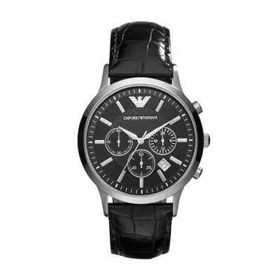 Afbeelding van Emporio Armani Zwart leren horloge met drie wijzers en datering voor heren