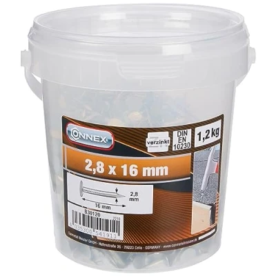 Afbeelding van Connex B30120 Dakviltstiften, 2,8 x 16 mm, 1200 g, verzonken kop, verzinkt, opslag in praktische emmer, ideaal voor dakvilt en schuifplaten, breedkopstiften, dakviltspijkers, grote verpakking,